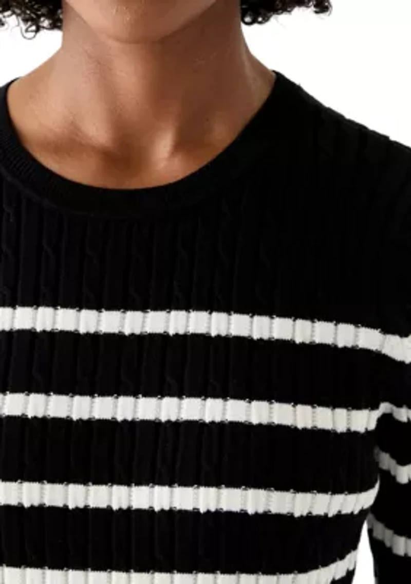 Women's Long Sleeve Cable Crew Neck Stripe Sweater