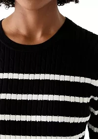 Women's Long Sleeve Cable Crew Neck Stripe Sweater