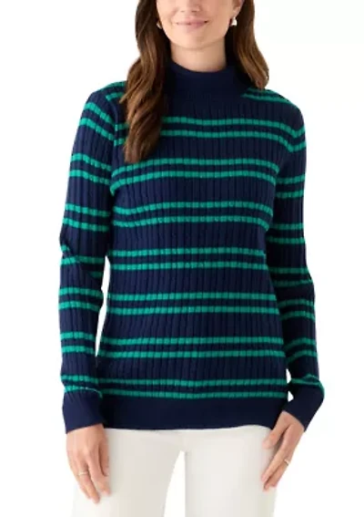 Women's Long Sleeve Cable Stripe Turtleneck Sweater