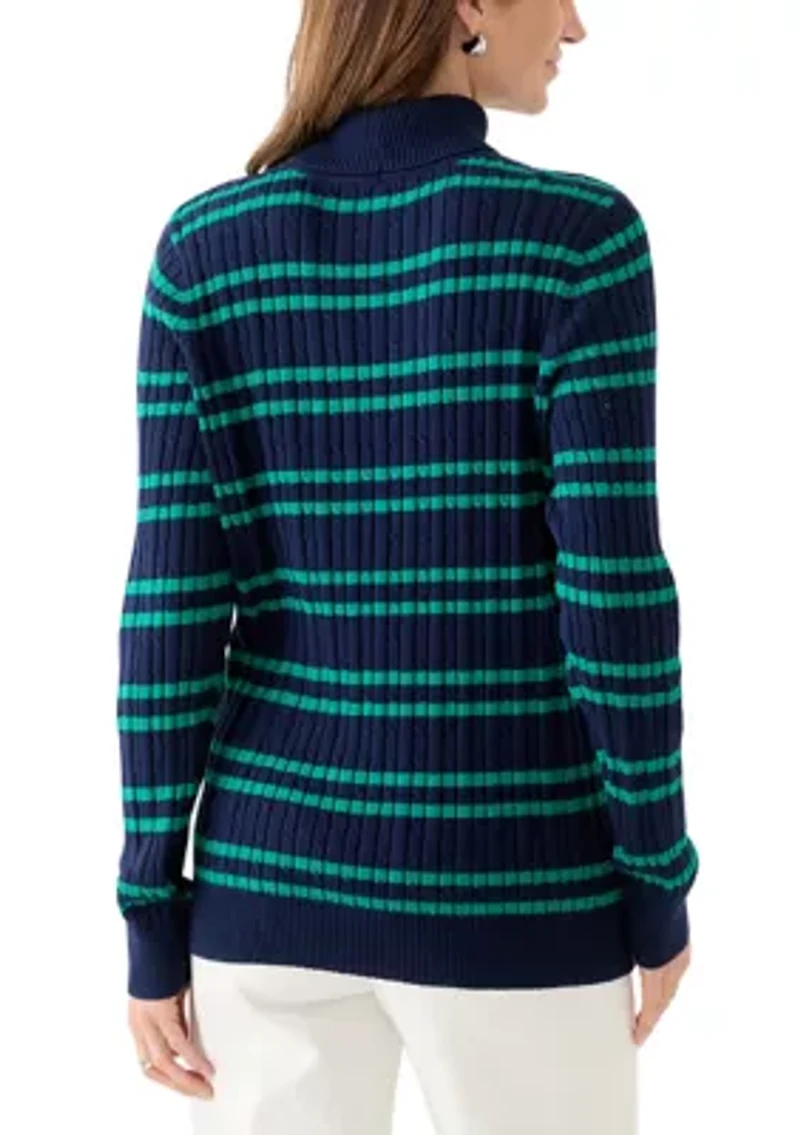 Women's Long Sleeve Cable Stripe Turtleneck Sweater