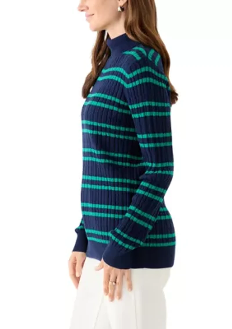 Women's Long Sleeve Cable Stripe Turtleneck Sweater