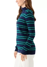 Women's Long Sleeve Cable Stripe Turtleneck Sweater