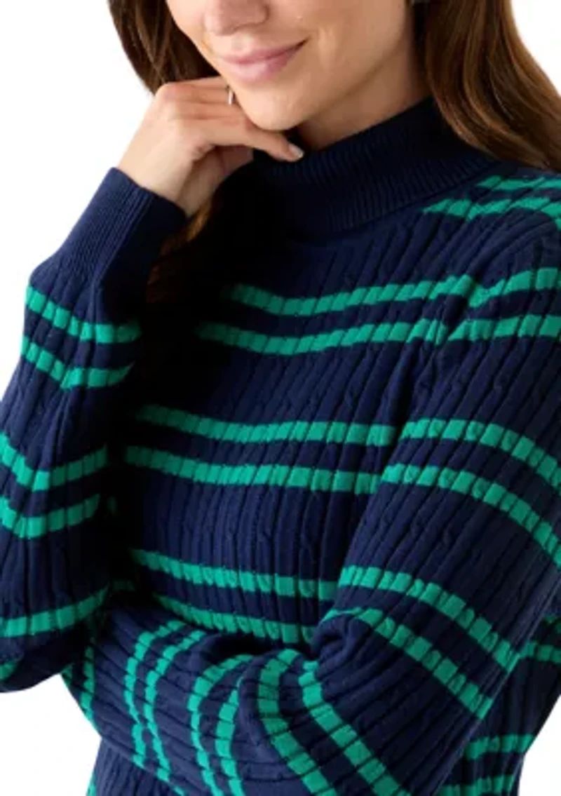 Women's Long Sleeve Cable Stripe Turtleneck Sweater