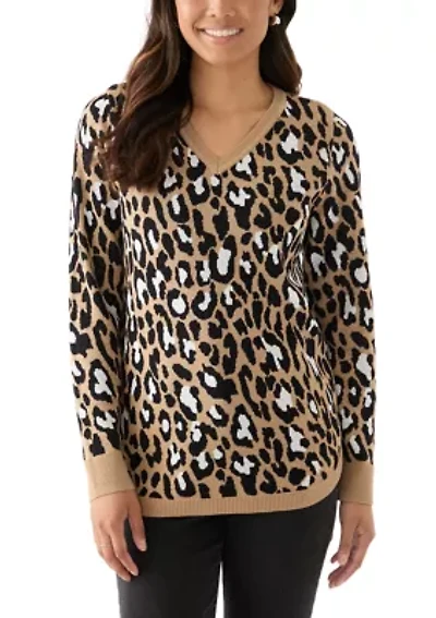 Women's Printed Cable Knit V-Neck Sweater