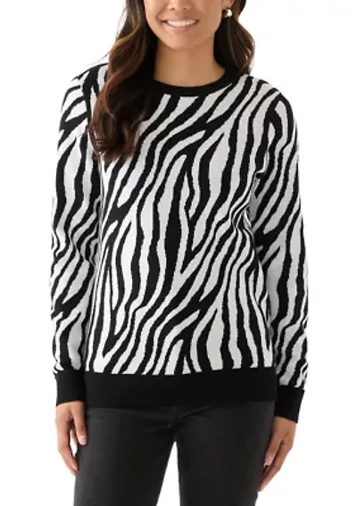 Women's Crew Neck Jacquard Knit Zebra Printed Sweater