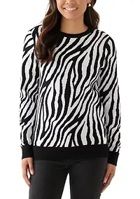 Women's Crew Neck Jacquard Knit Zebra Printed Sweater