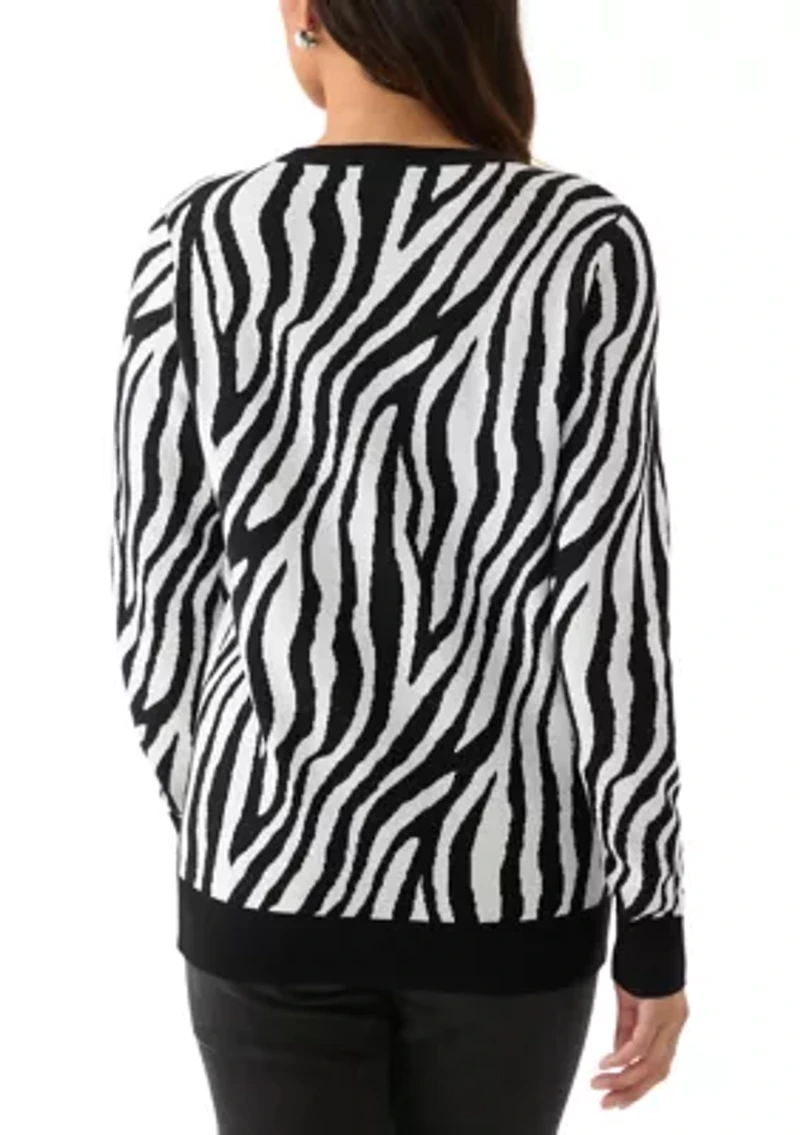 Women's Crew Neck Jacquard Knit Zebra Printed Sweater
