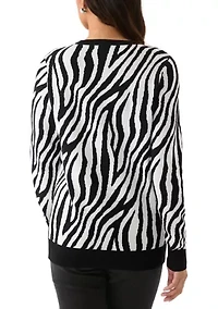 Women's Crew Neck Jacquard Knit Zebra Printed Sweater