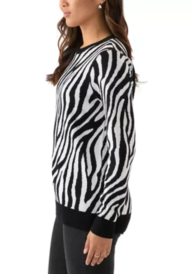 Women's Crew Neck Jacquard Knit Zebra Printed Sweater