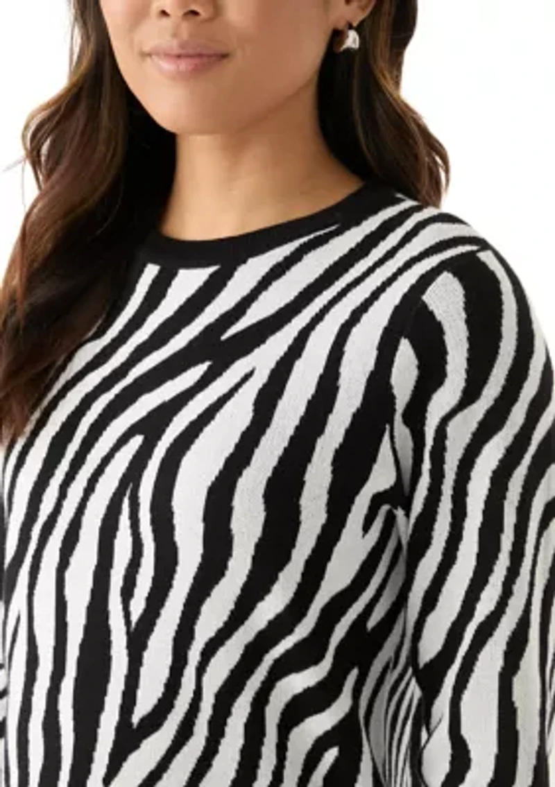 Women's Crew Neck Jacquard Knit Zebra Printed Sweater