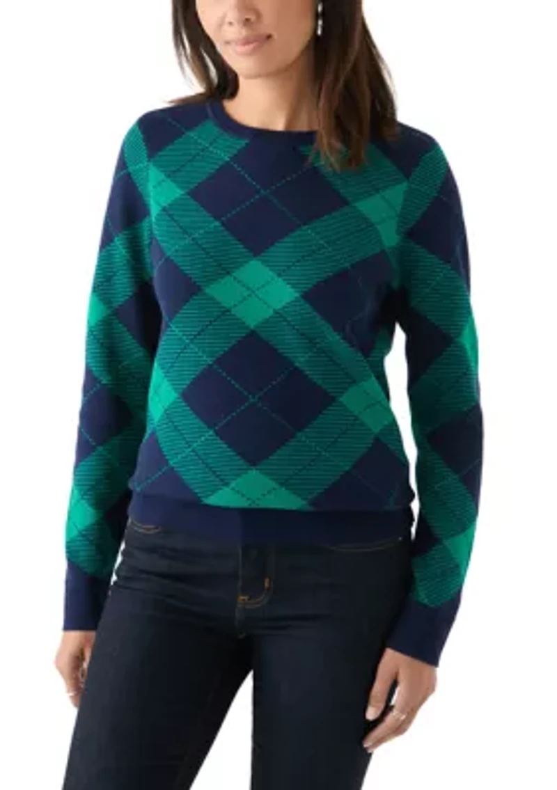 Women's Long Sleeve Crew Neck Jacquard Plaid Sweater