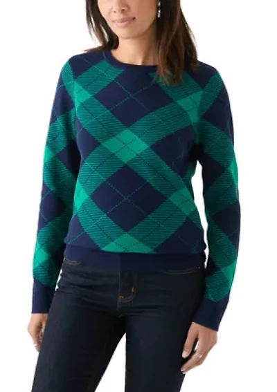 Women's Long Sleeve Crew Neck Jacquard Plaid Sweater