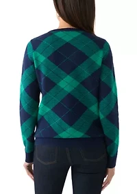 Women's Long Sleeve Crew Neck Jacquard Plaid Sweater