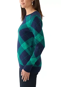Women's Long Sleeve Crew Neck Jacquard Plaid Sweater