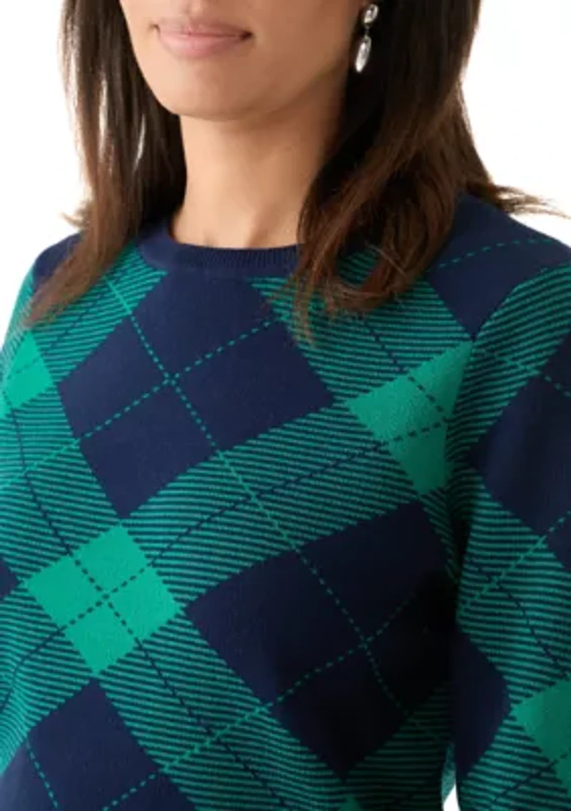 Women's Long Sleeve Crew Neck Jacquard Plaid Sweater