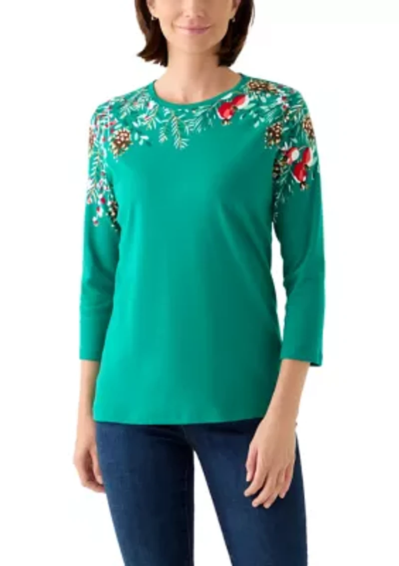 Women's 3/4 Quarter Crew Placement Print Top