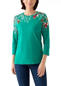 Women's 3/4 Quarter Crew Placement Print Top