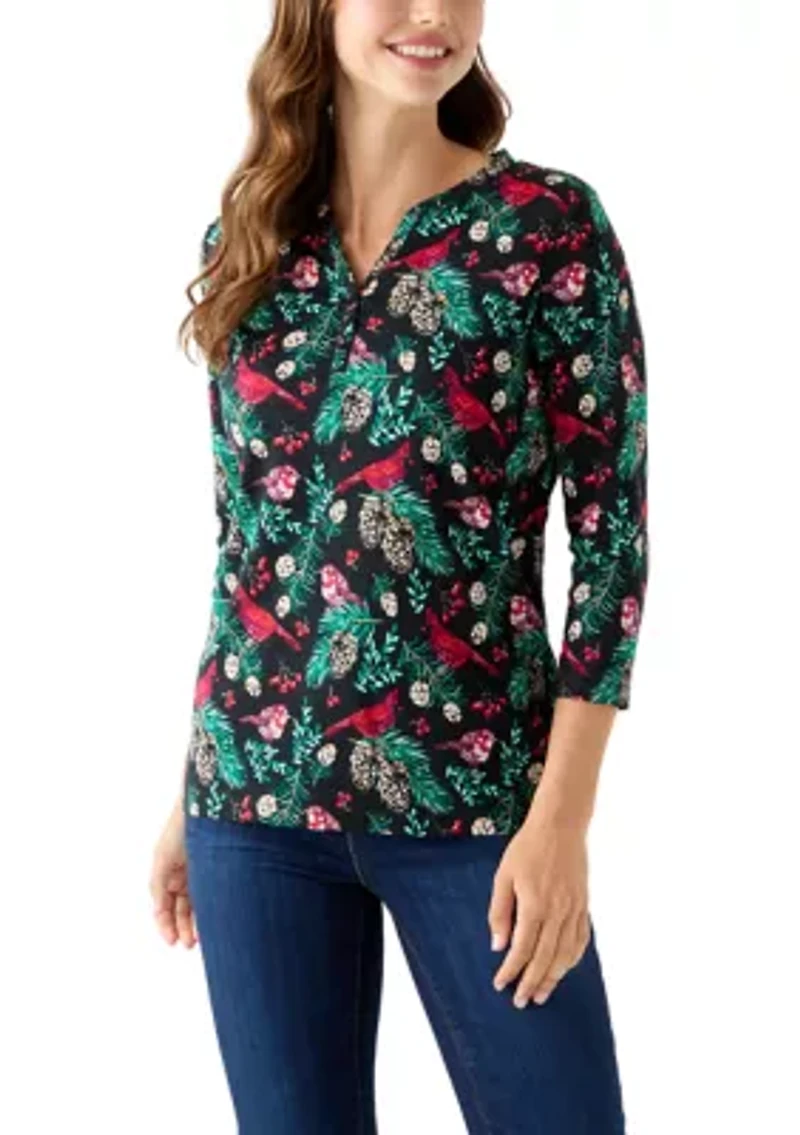 Women's 3/4 Sleeve Printed Henley Top