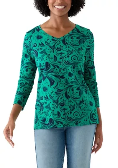 Women's 3/4 Sleeve V-Neck Printed T-Shirt