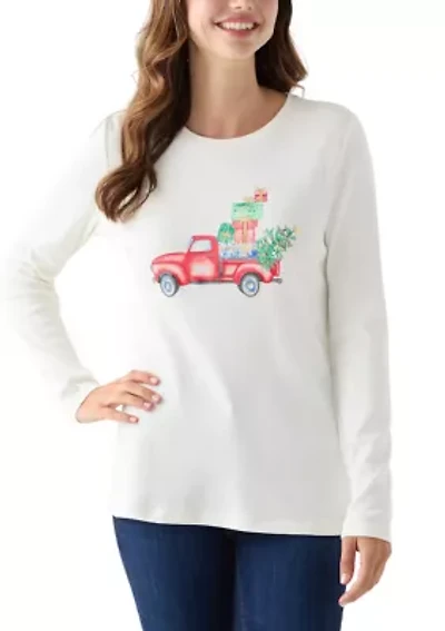 Women's Long Sleeve Christmas Postcard Graphic T-Shirt