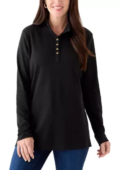 Women's Long Sleeve Henley Mock Neck Tunic T-Shirt