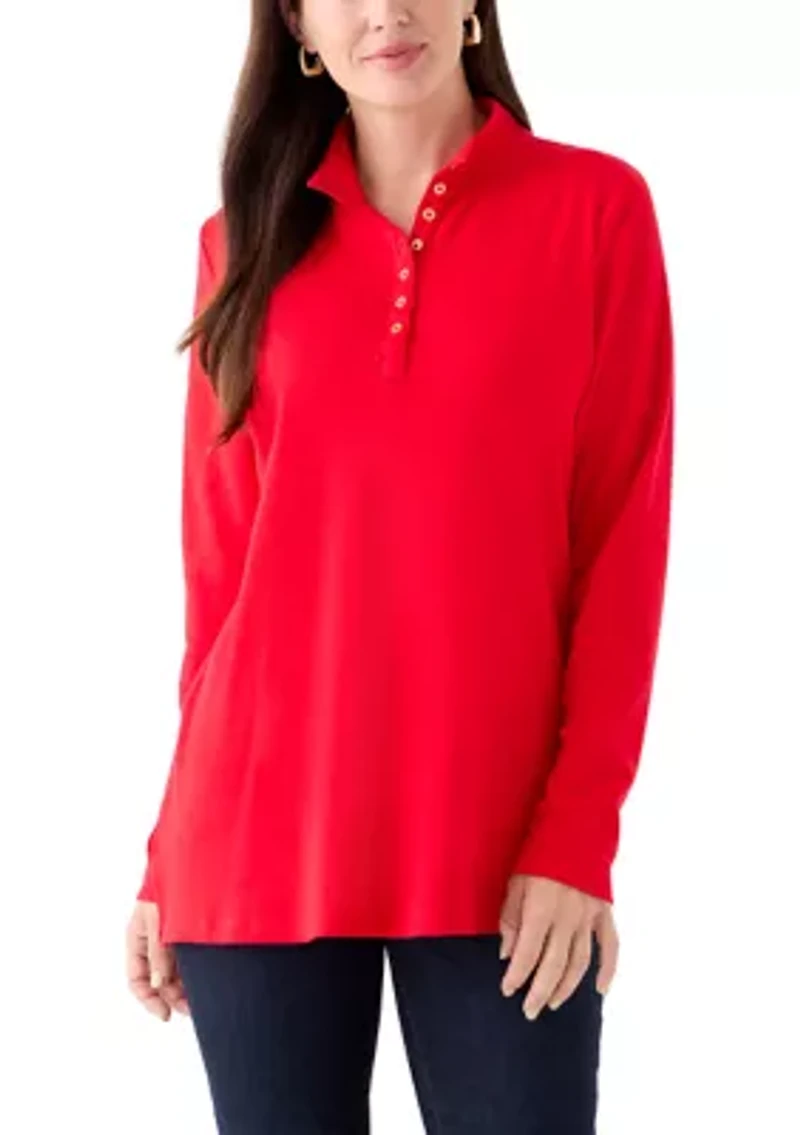 Women's Long Sleeve Henley Mock Neck Tunic T-Shirt