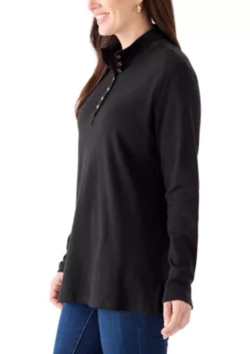 Women's Long Sleeve Henley Mock Neck Tunic T-Shirt