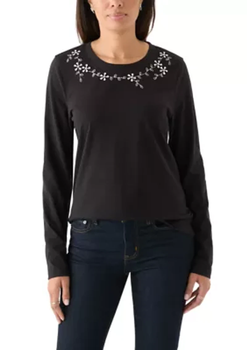 Women's Long Sleeve Embellished Neck T-Shirt