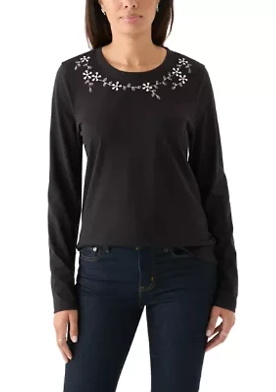 Women's Long Sleeve Embellished Neck T-Shirt