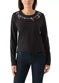 Women's Long Sleeve Embellished Neck T-Shirt