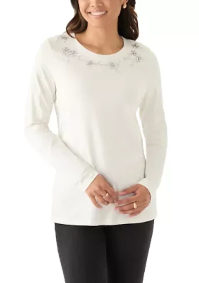 Women's Long Sleeve Embellished Neck T-Shirt