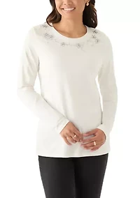 Women's Long Sleeve Embellished Neck T-Shirt