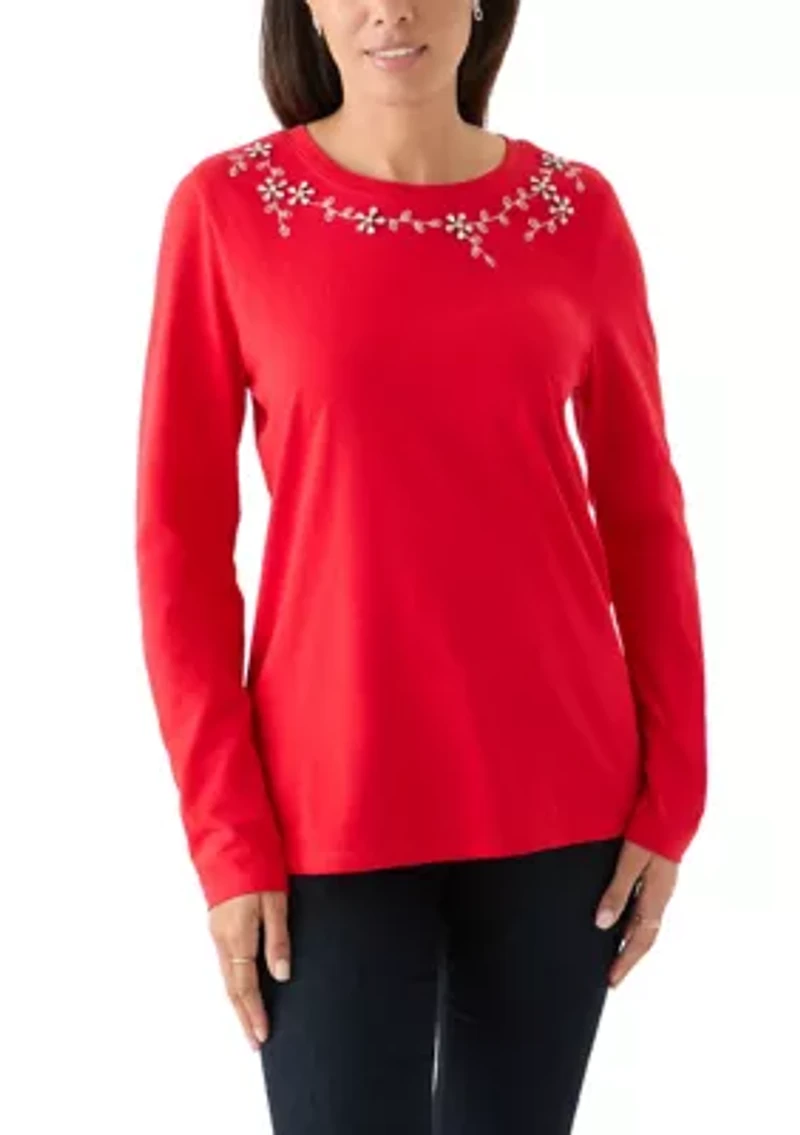 Women's Long Sleeve Embellished Neck T-Shirt