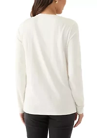 Women's Long Sleeve Embellished Neck T-Shirt
