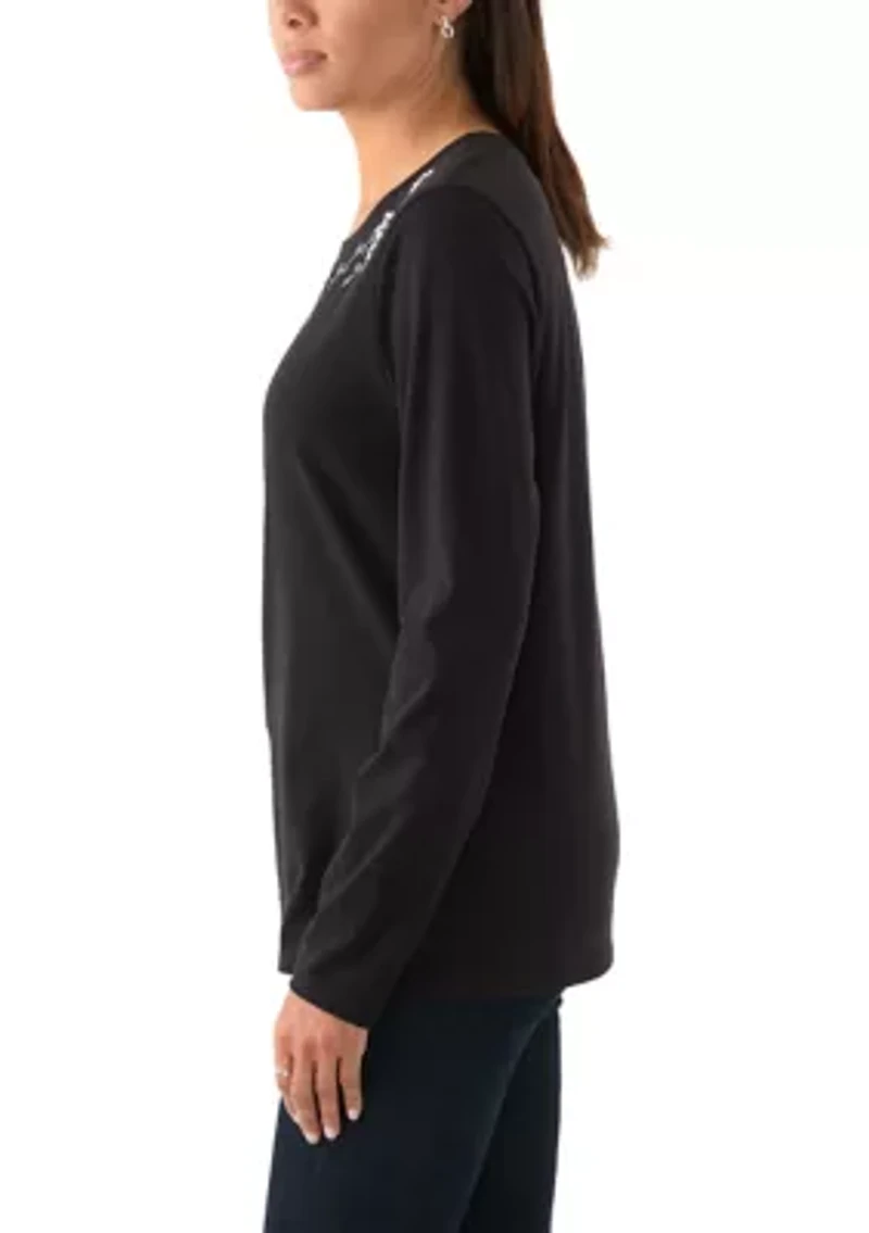 Women's Long Sleeve Embellished Neck T-Shirt