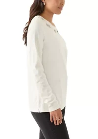 Women's Long Sleeve Embellished Neck T-Shirt
