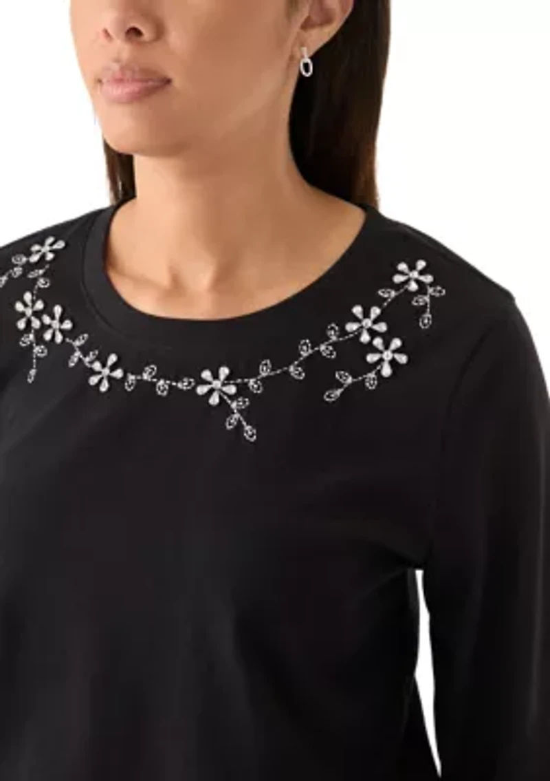Women's Long Sleeve Embellished Neck T-Shirt