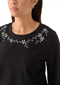 Women's Long Sleeve Embellished Neck T-Shirt