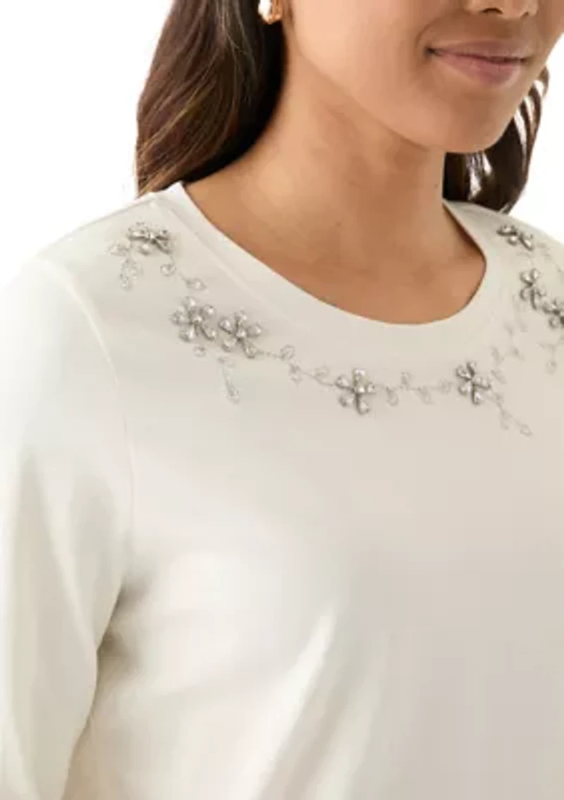 Women's Long Sleeve Embellished Neck T-Shirt