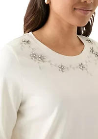Women's Long Sleeve Embellished Neck T-Shirt