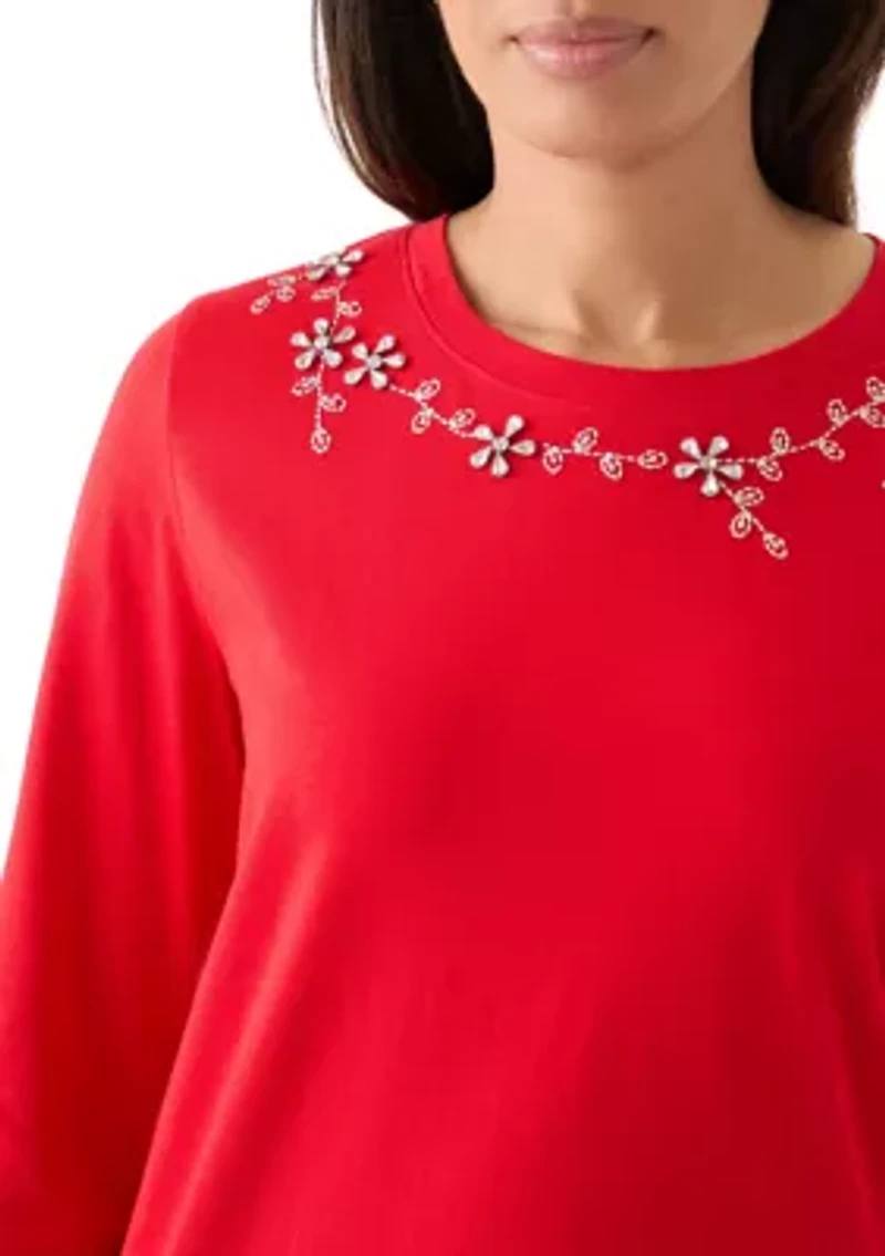Women's Long Sleeve Embellished Neck T-Shirt