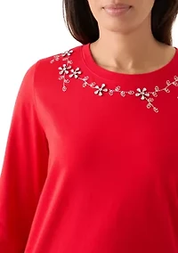 Women's Long Sleeve Embellished Neck T-Shirt