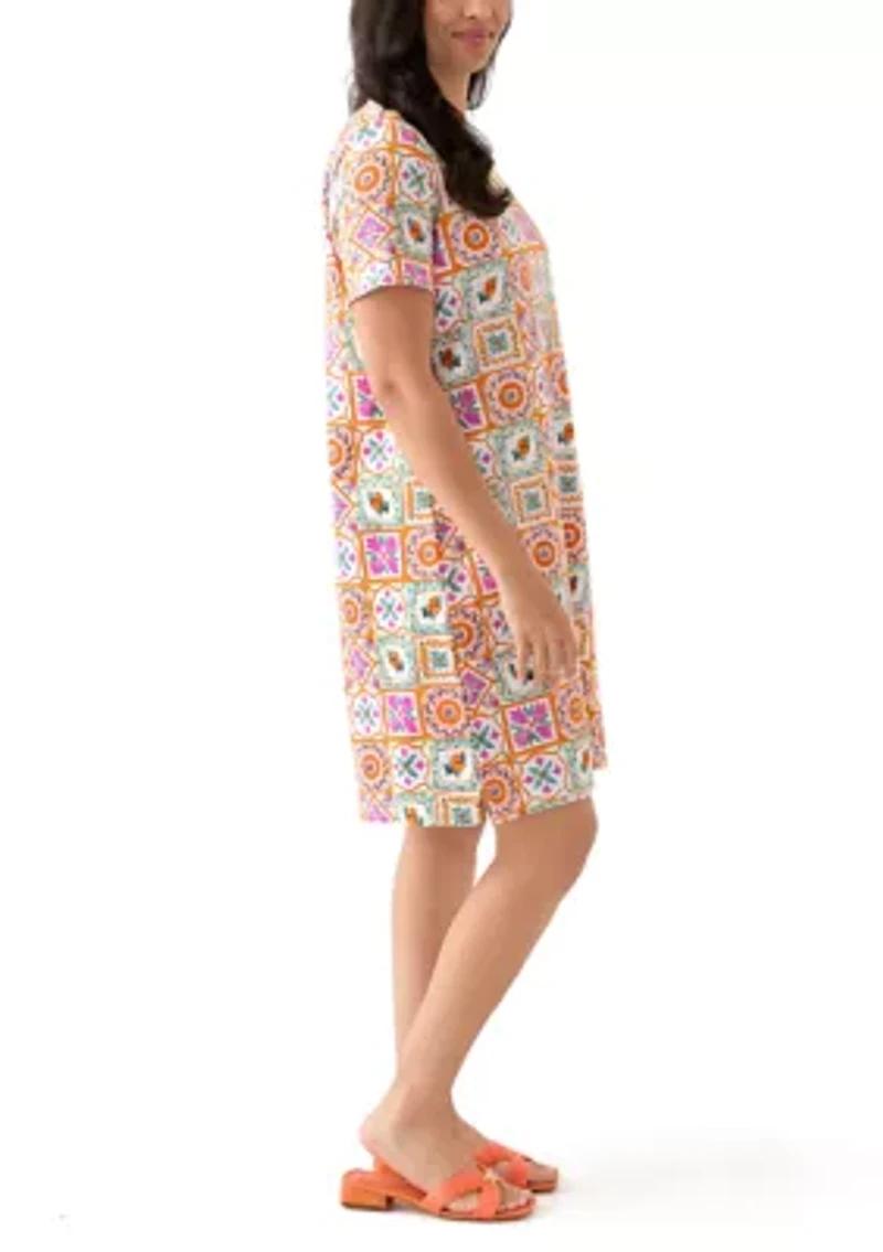 Women's Short Sleeve Crew Neck Mega Allover Print Dress