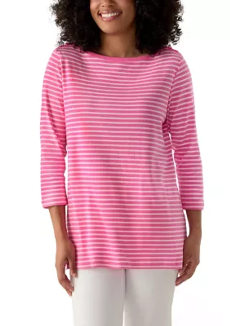 Women's 3/4 Sleeve Boat Neck Yarn Dyed T-Shirt