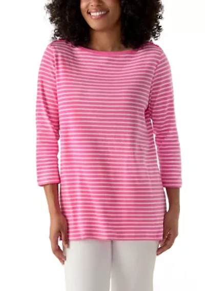 Women's 3/4 Sleeve Boat Neck Yarn Dyed T-Shirt