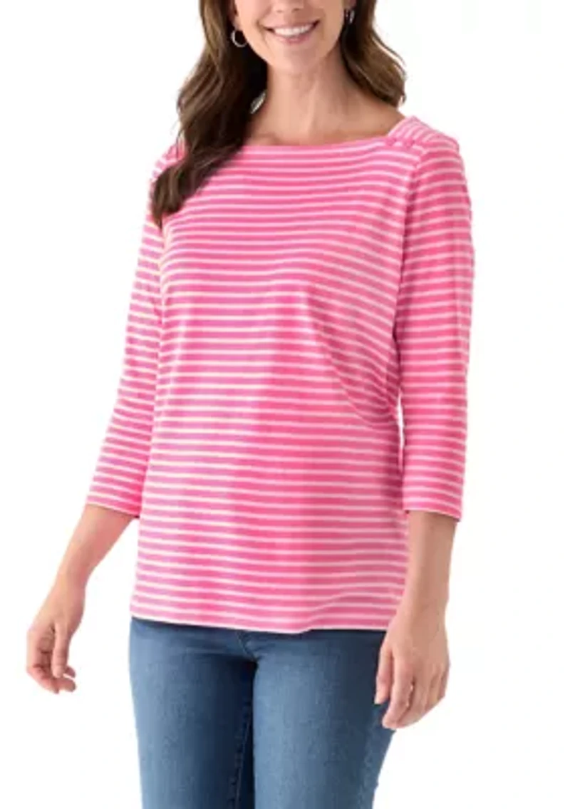 Women's 3/4 Sleeve Square Neck Yarn Dyed Top