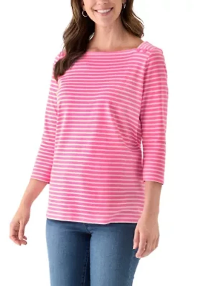 Women's 3/4 Sleeve Square Neck Yarn Dyed Top