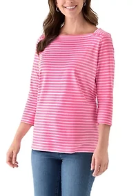 Women's 3/4 Sleeve Square Neck Yarn Dyed Top