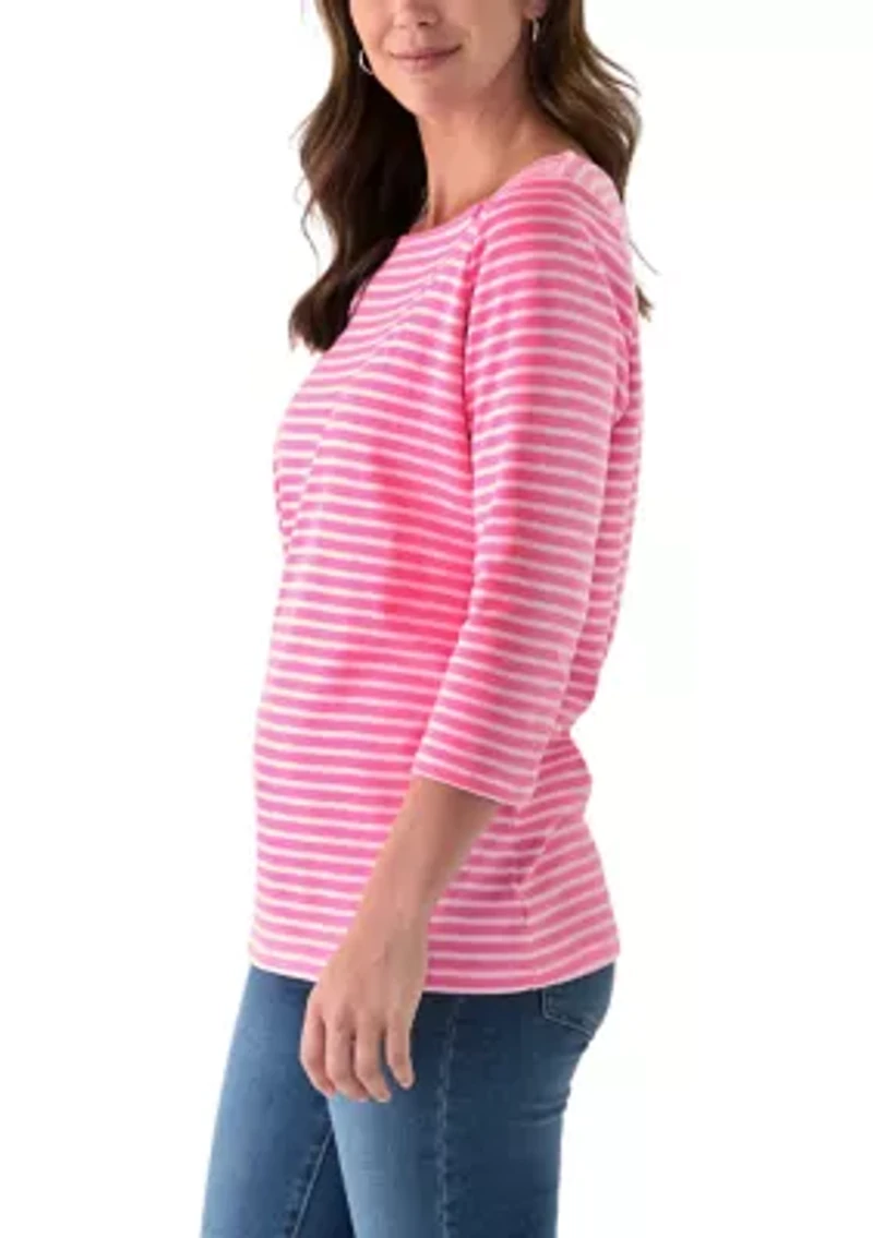 Women's 3/4 Sleeve Square Neck Yarn Dyed Top