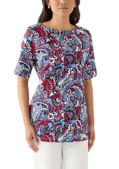Women's Elbow Sleeve Button Trim Printed Tunic Top